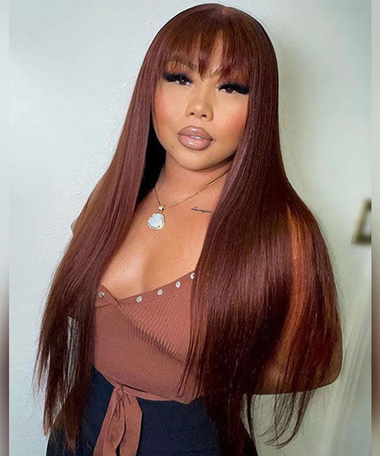 #33 Reddish Brown Straight Wig with Bangs Glueless Throw on & Go 13x4 Lace Front Wig