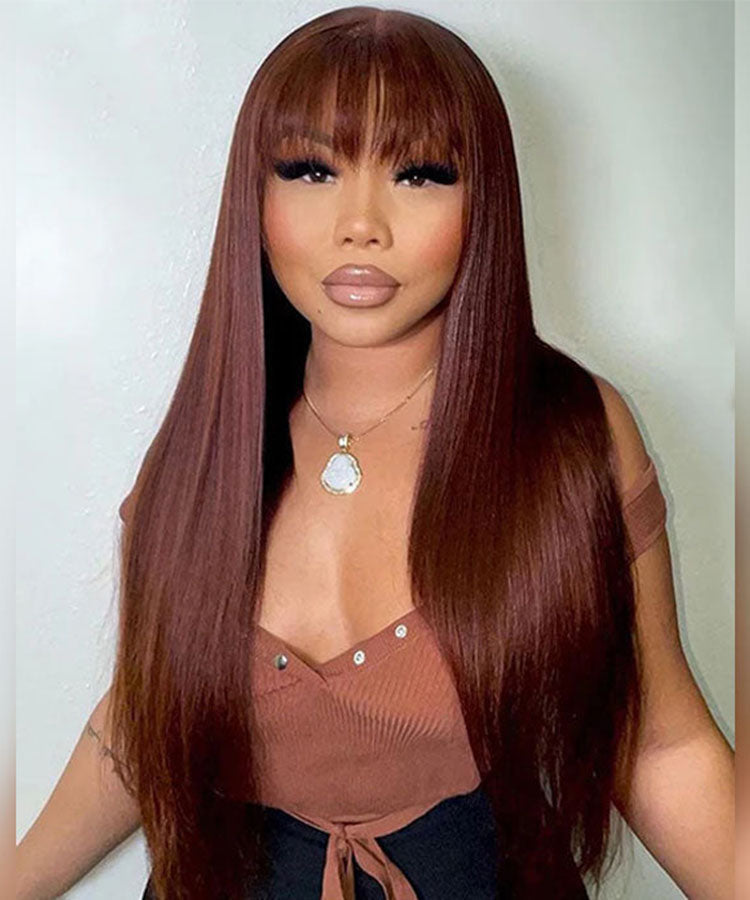 #33 Reddish Brown Straight Wig with Bangs Glueless Throw on & Go 13x4 Lace Front Wig