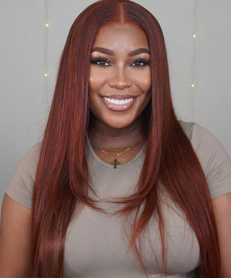 Reddish Brown Bone Straight 13x4 Lace Front Wig Human Hair With Layer Inner Buckle Auburn Copper Color