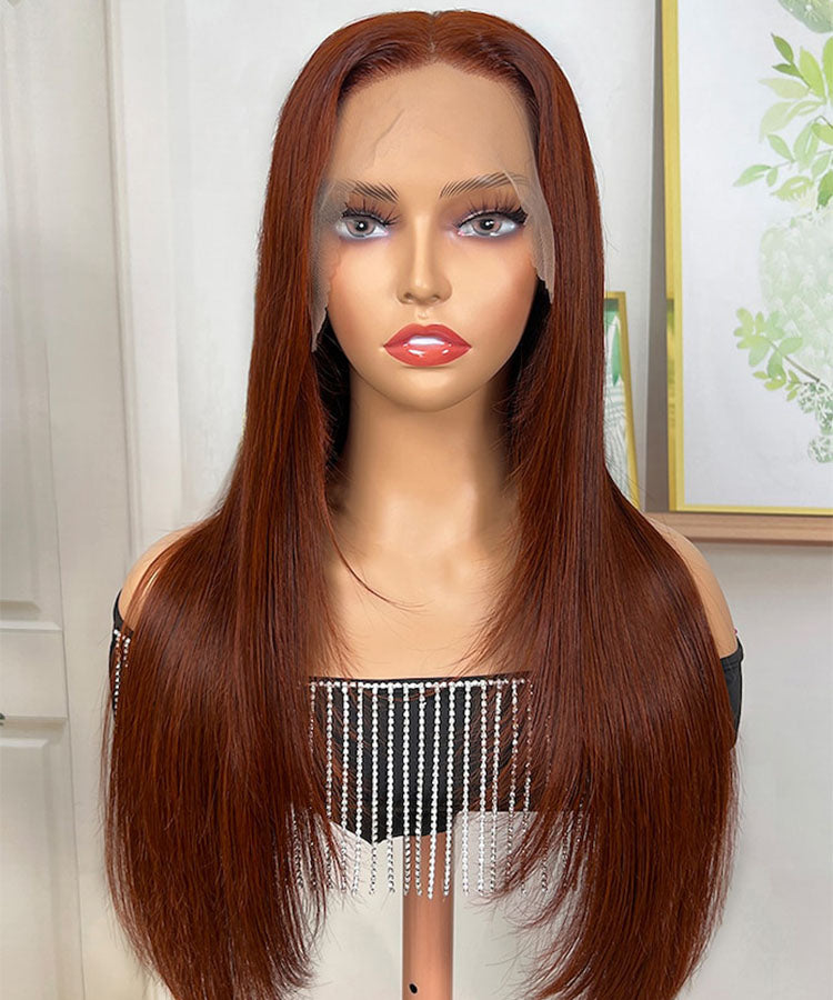 Reddish Brown Bone Straight 13x4 Lace Front Wig Human Hair With Layer Inner Buckle Auburn Copper Color