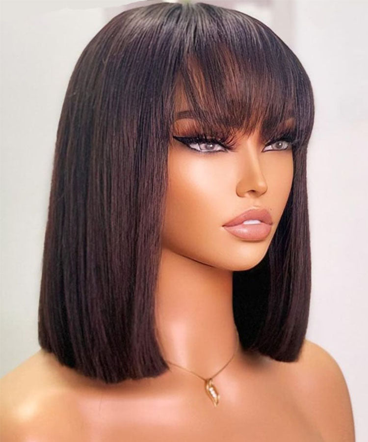 Straight Short Bob Wigs 13x4 Lace Frontal Wig With Blunt Bangs 180% Density