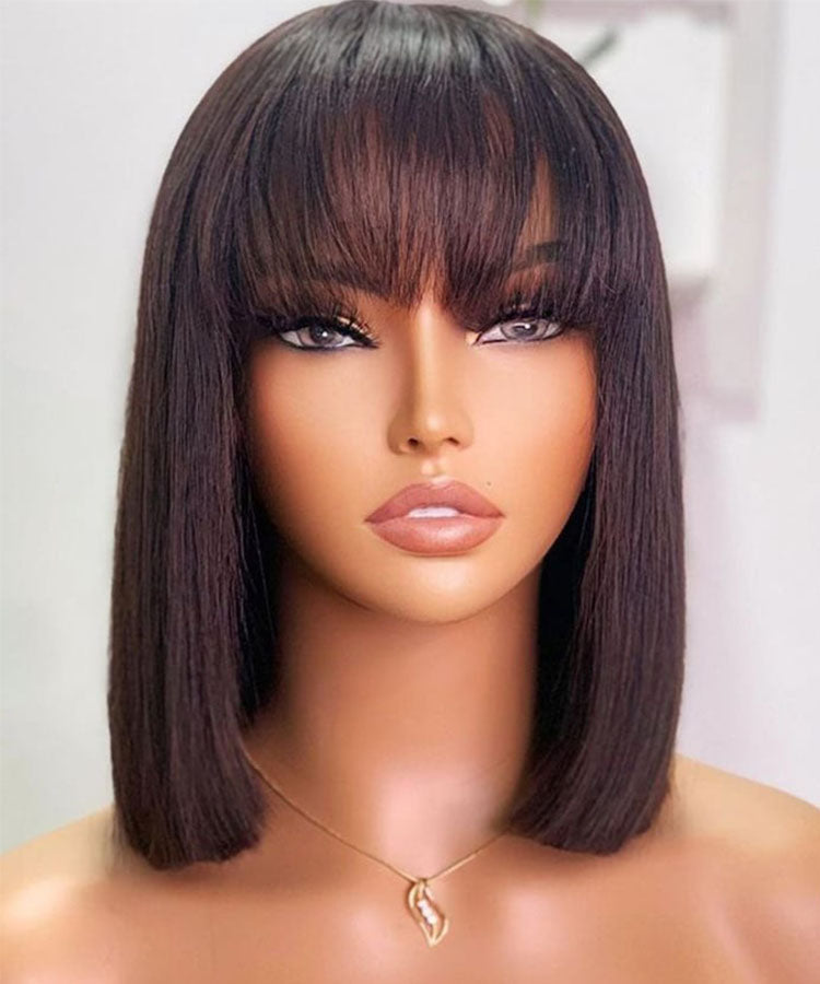 Straight Short Bob Wigs 13x4 Lace Frontal Wig With Blunt Bangs 180% Density