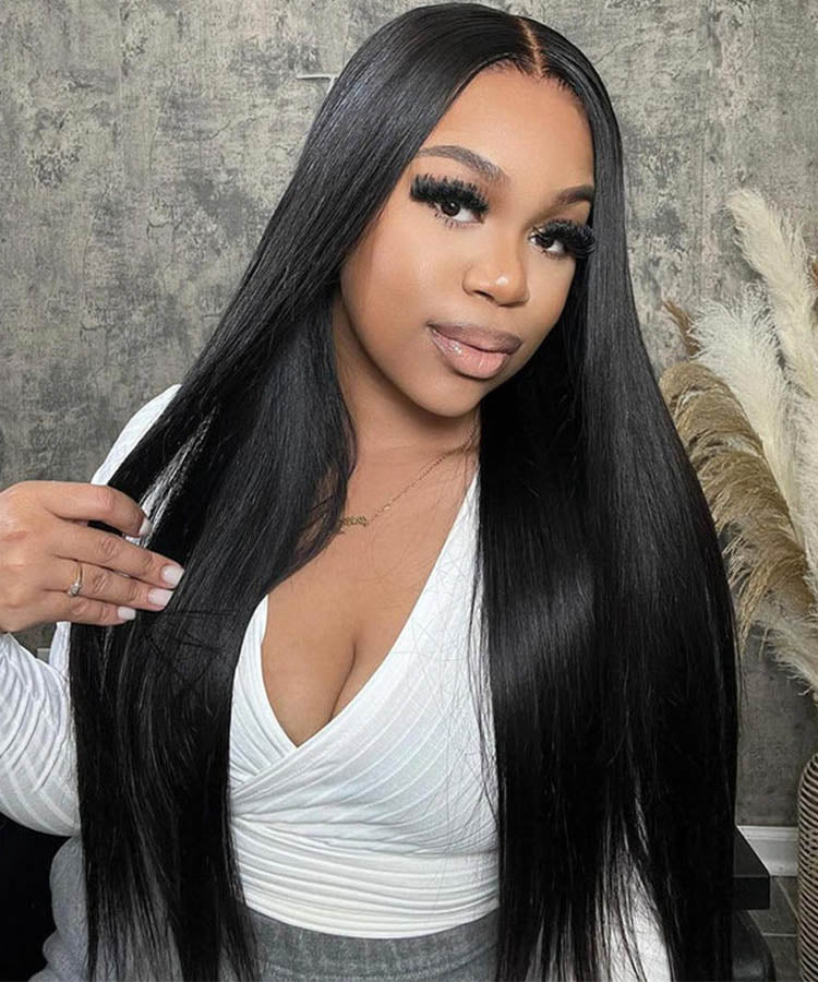 Long Straight Lace Closure Wigs Pre-plucked 100% Human Hair Wig