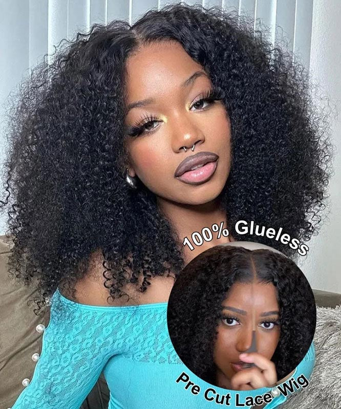 Put On and Go 5x5 Pre-cut Glueless Lace Wig Natural Color Kinky Curly Human Hair