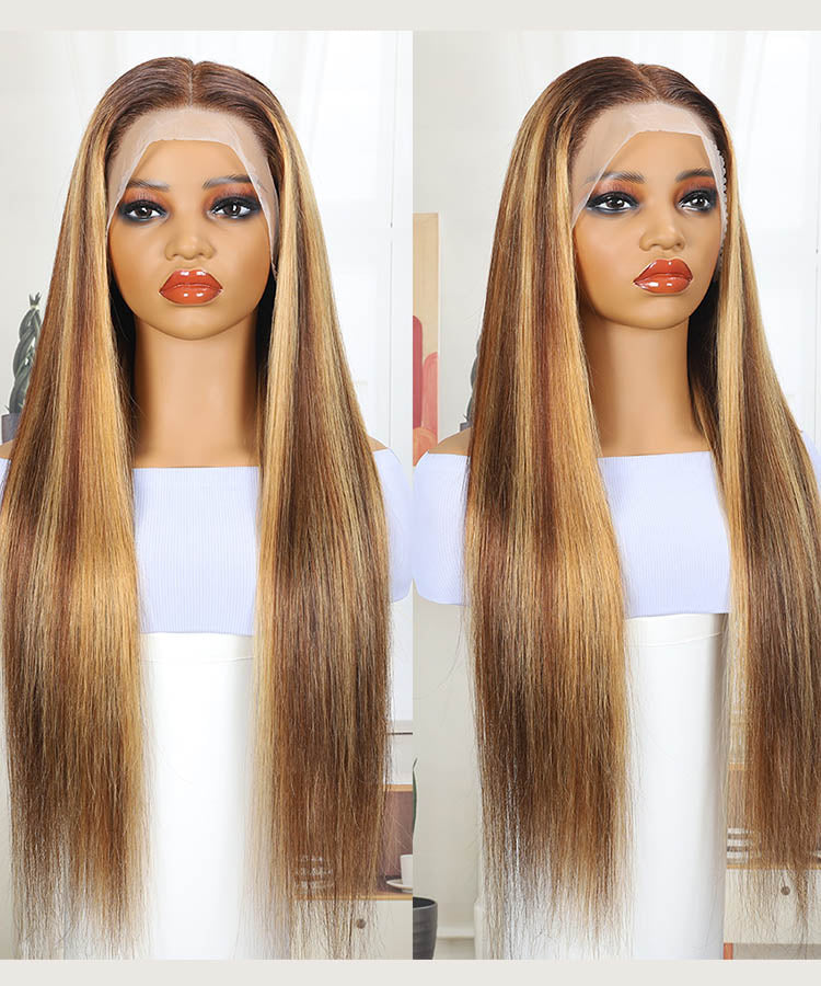 Honey Blonde Piano Highlight Straight Hair 13x4 Lace Wigs Colored Human Hair Wigs